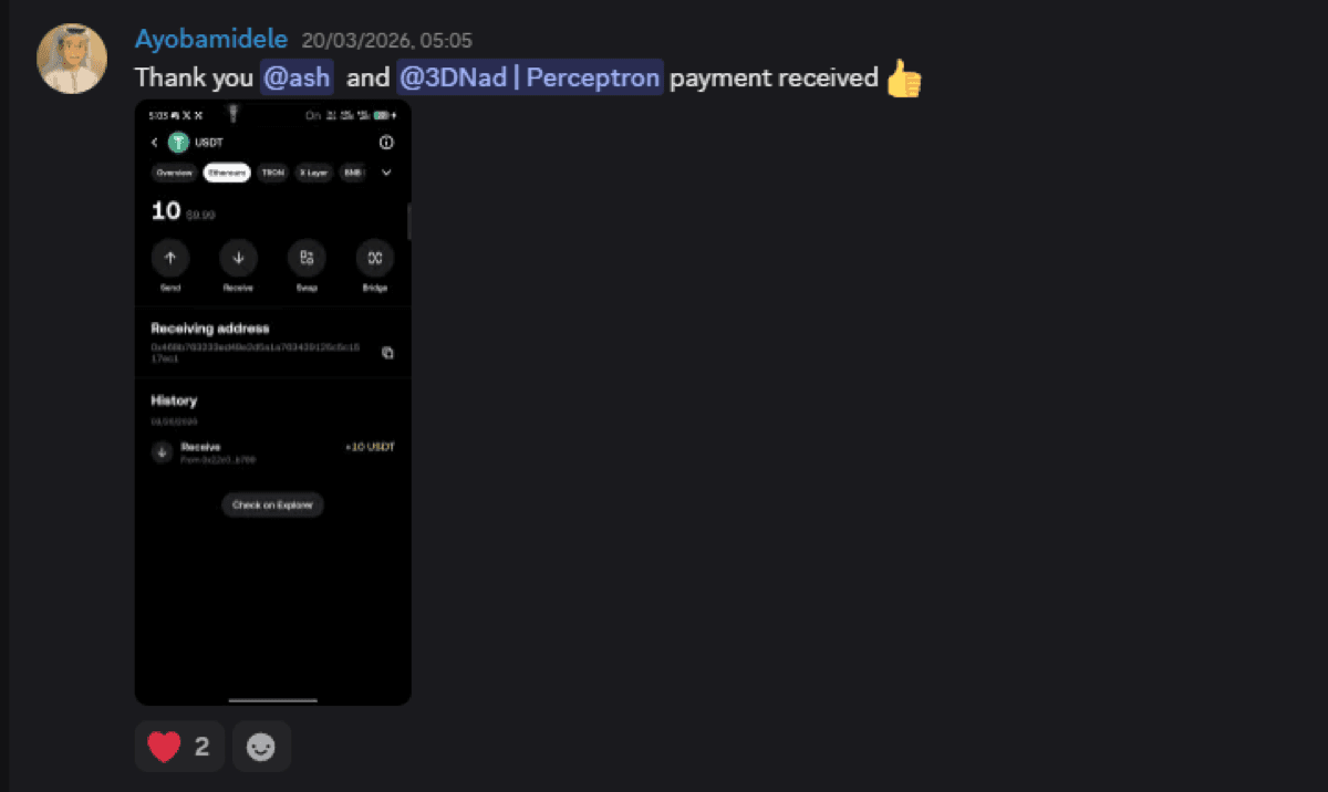 Member confirming 10 USDT payment received